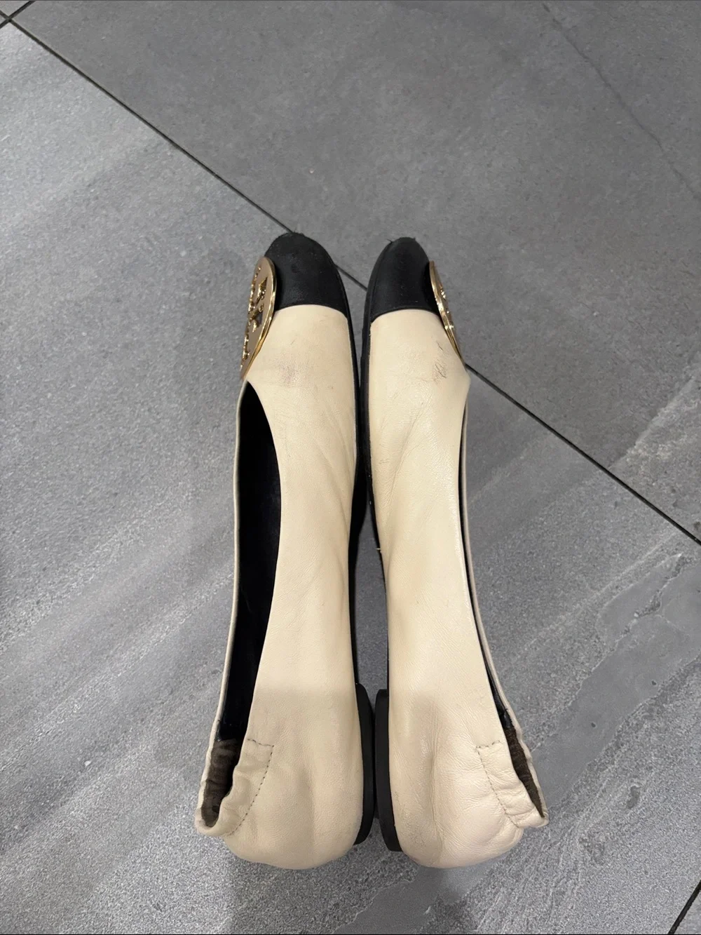 Tory Burch Two-Tone Cream and Black Leather Logo Ballet Flats